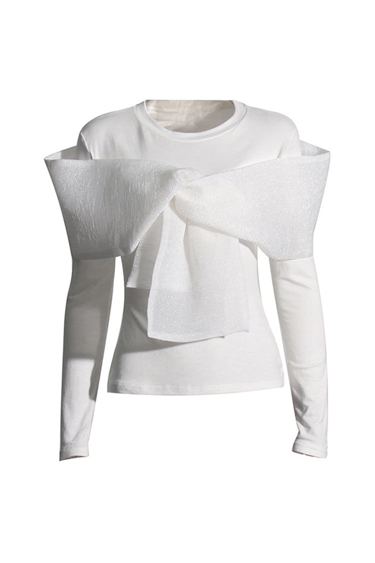 Luxurious Crinkled Big Knot Round Neck Long Sleeve Slim Fit T Shirt - Fashionpara