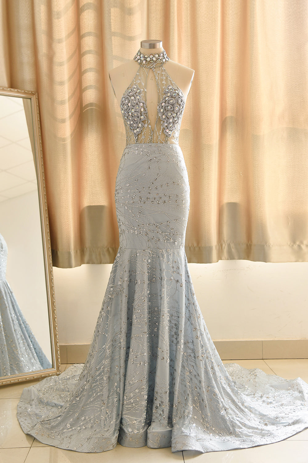 Luxurious Halter Rhinestones Prom Dress Mermaid Long - Fashionpara