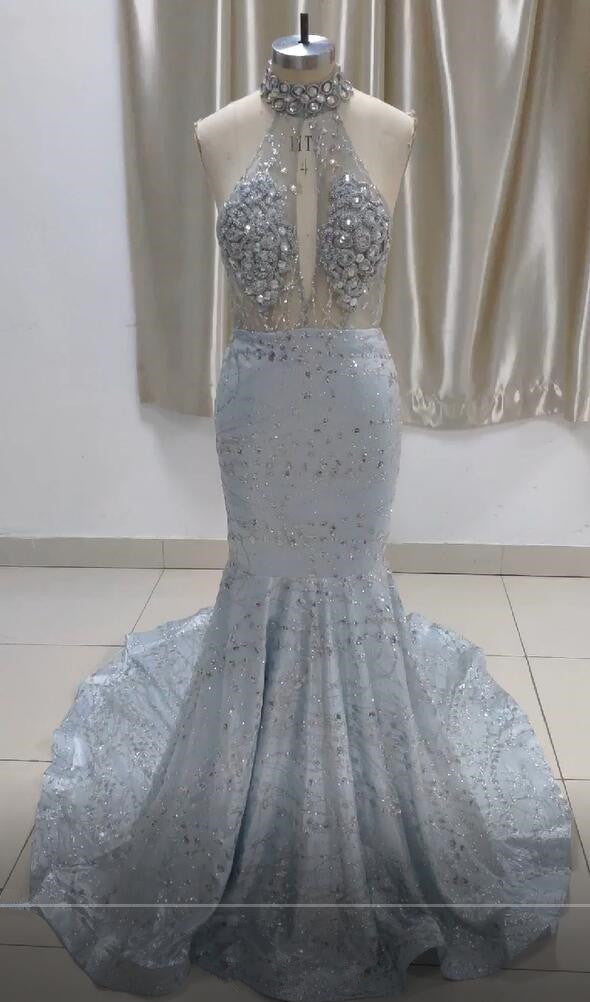 Luxurious Halter Rhinestones Prom Dress Mermaid Long - Fashionpara