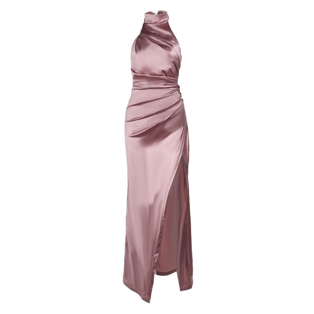 Luxurious High Neck Halter Ruched Side Split Satin Maxi Evening Dress - Fashionpara