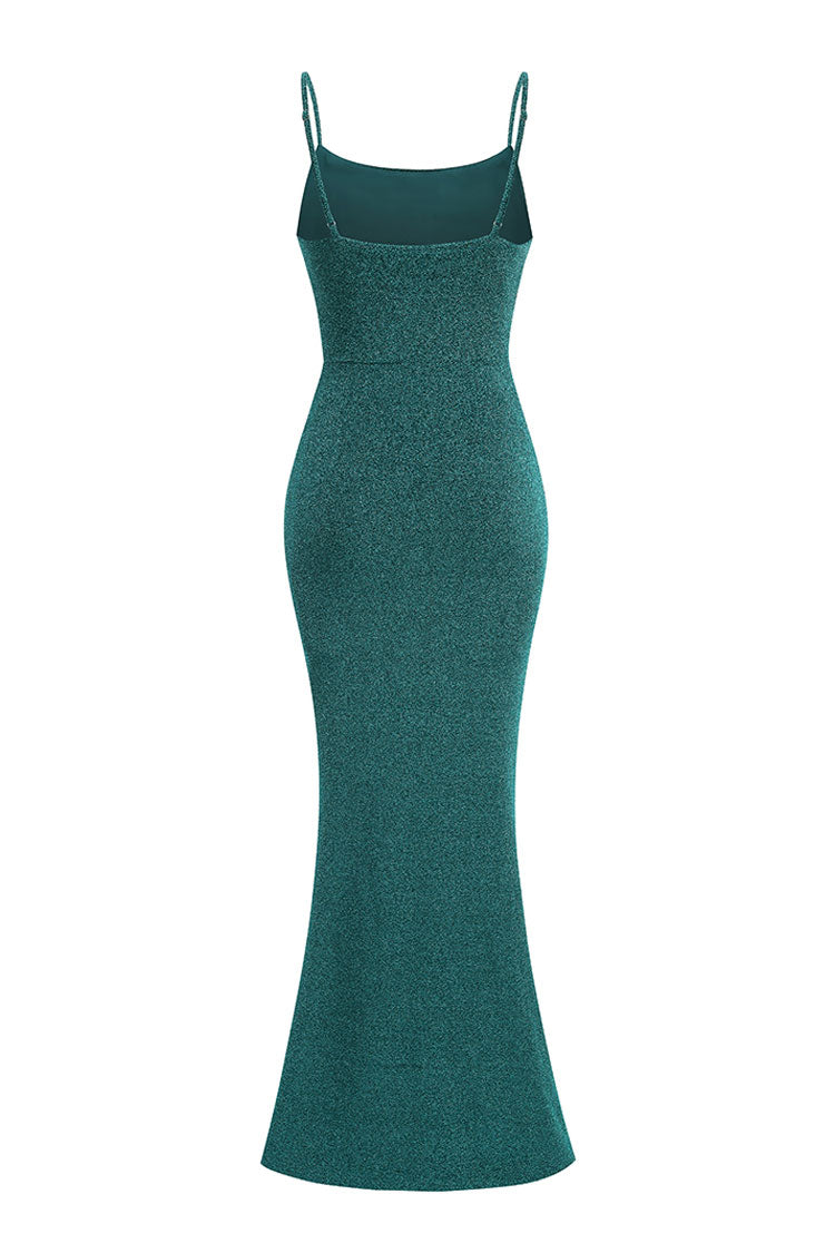 Luxurious Lurex Cowl Neck Ruched Mermaid Slip Evening Maxi Dress