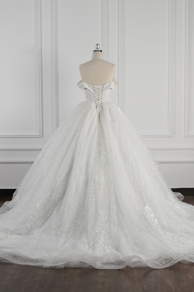 Luxury Ball Gown Off-the-Shoulder Tulle Lace Wedding Dress Appliques Sleeveless Bridal Gowns On Sale - Fashionpara