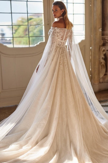 Exquisite Off-the-Shoulder Long Sleeves A-Line Wedding Dress in Lace with Beaded Details - Fashionpara