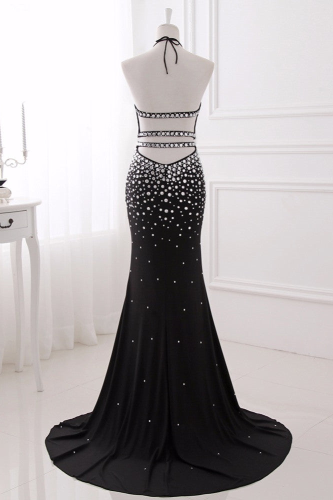 Luxury Chiffon Halter Sleeveless Beadings Prom Dresses with Front Slit - Fashionpara