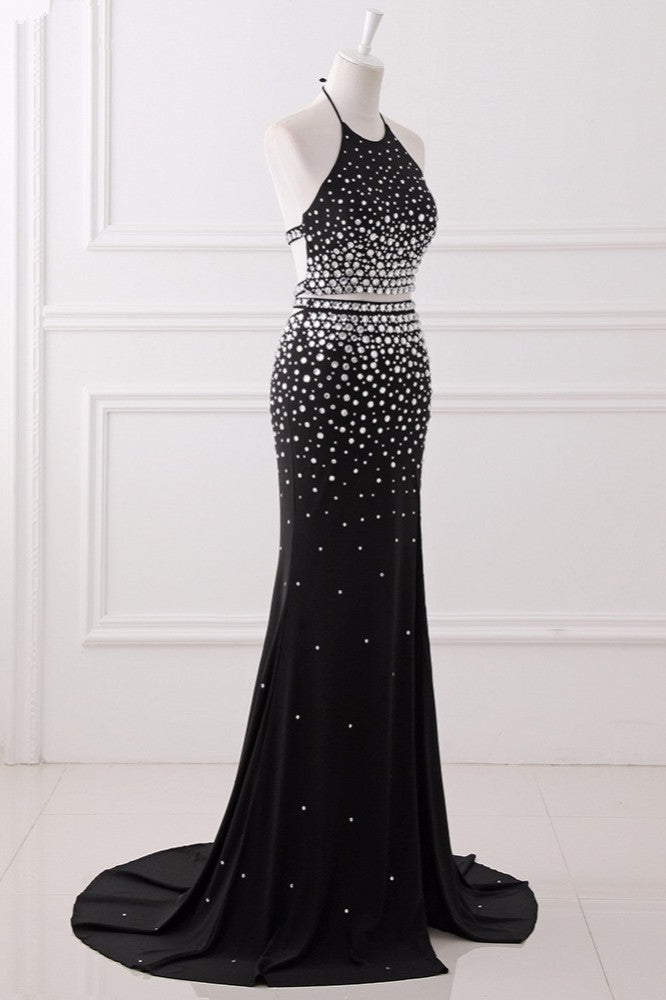 Luxury Chiffon Halter Sleeveless Beadings Prom Dresses with Front Slit - Fashionpara