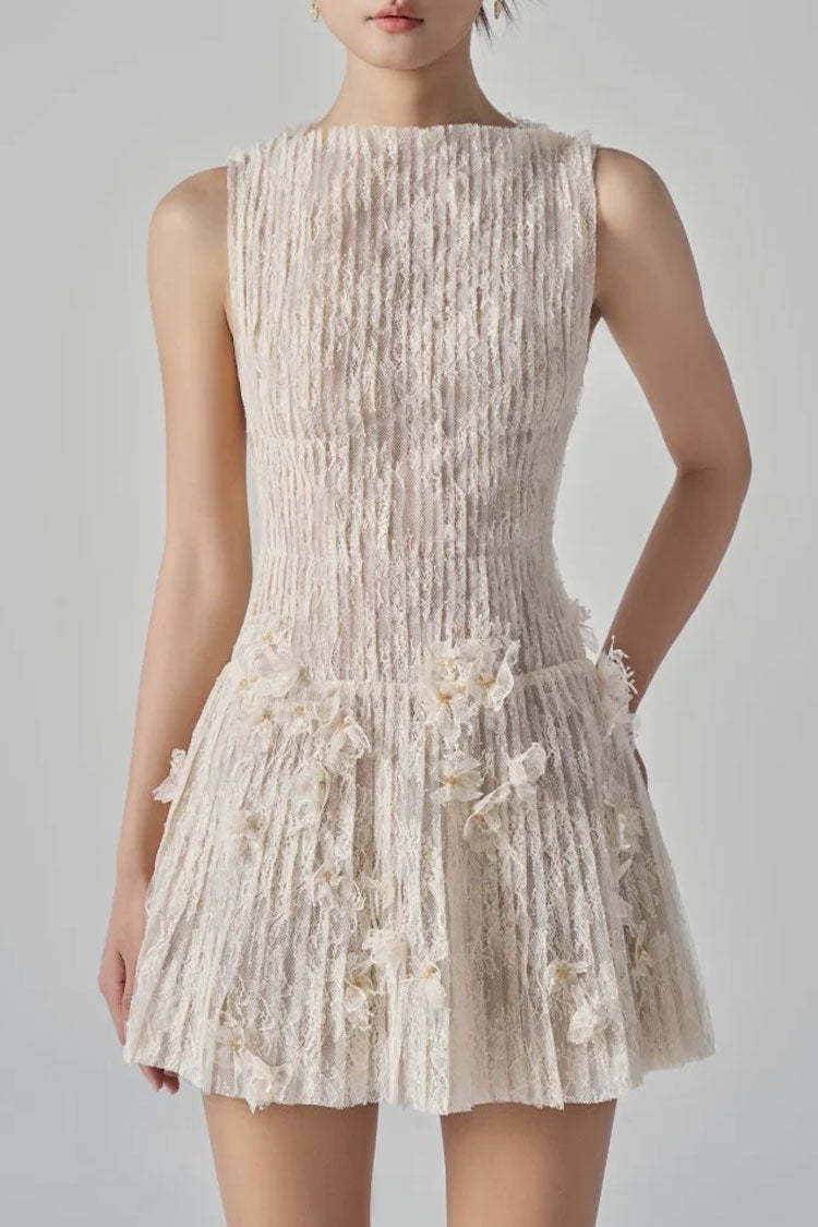 Luxury Crew Neck 3D Flower Sleeveless Lace Pleated Party Mini Dress