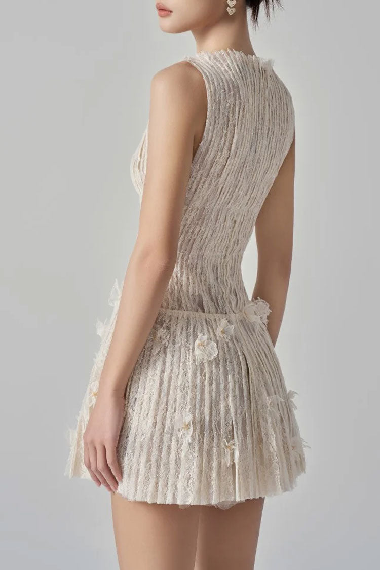 Luxury Crew Neck 3D Flower Sleeveless Lace Pleated Party Mini Dress