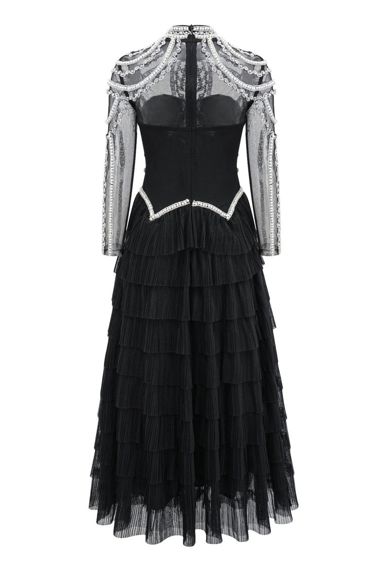 Luxury Crystal Pearl Beaded Drop Waist Tiered Tulle Maxi Evening Dress - Fashionpara