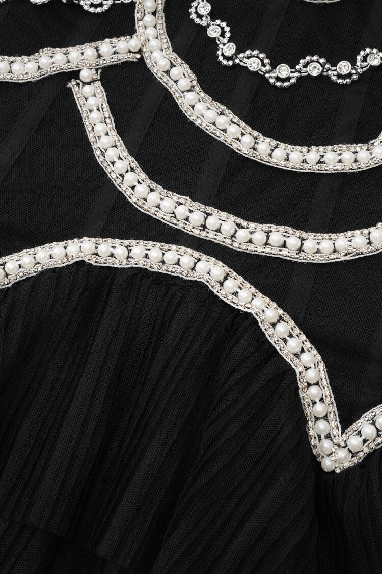 Luxury Crystal Pearl Beaded Drop Waist Tiered Tulle Maxi Evening Dress - Fashionpara