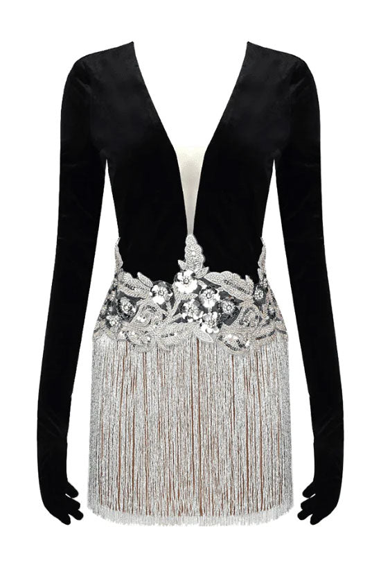 Luxury Deep V Gloved Long Sleeve Flower Sequin Fringe Party Mini Dress - Black - Fashionpara