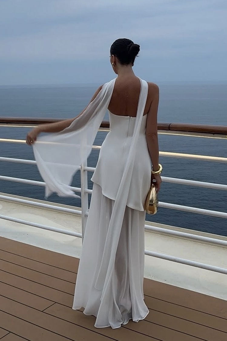 Luxury Draped Scarf Layered Chiffon Split Strapless Evening Maxi Dress