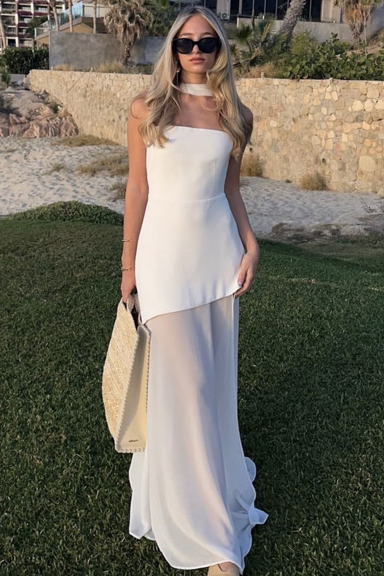 Luxury Draped Scarf Layered Chiffon Split Strapless Evening Maxi Dress