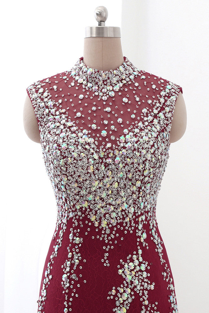 Luxury High-Neck Burgundy Mermaid Prom Dresses Sleeveless with White Rhinestones - Fashionpara