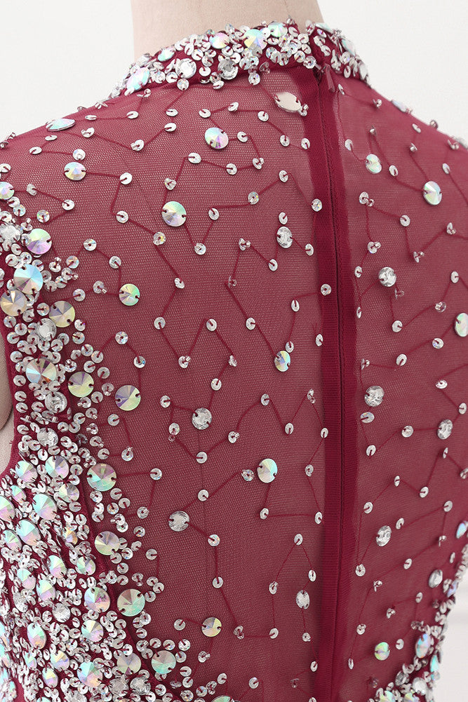 Luxury High-Neck Burgundy Mermaid Prom Dresses Sleeveless with White Rhinestones - Fashionpara