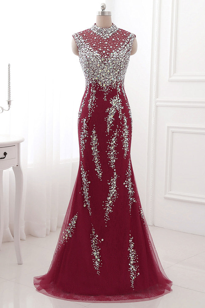 Luxury High-Neck Burgundy Mermaid Prom Dresses Sleeveless with White Rhinestones - Fashionpara
