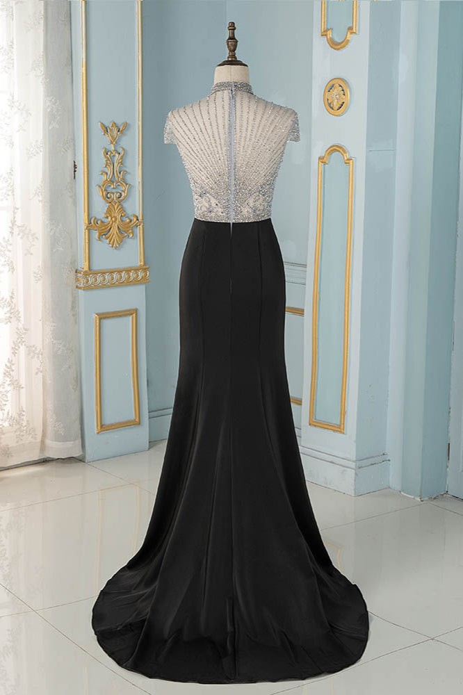 Luxury High-Neck Short-Sleeves Mermaid Prom Dresses with Beading Top - Fashionpara