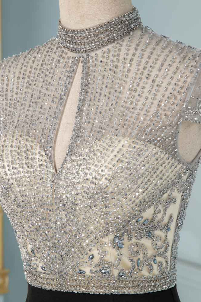 Luxury High-Neck Short-Sleeves Mermaid Prom Dresses with Beading Top - Fashionpara