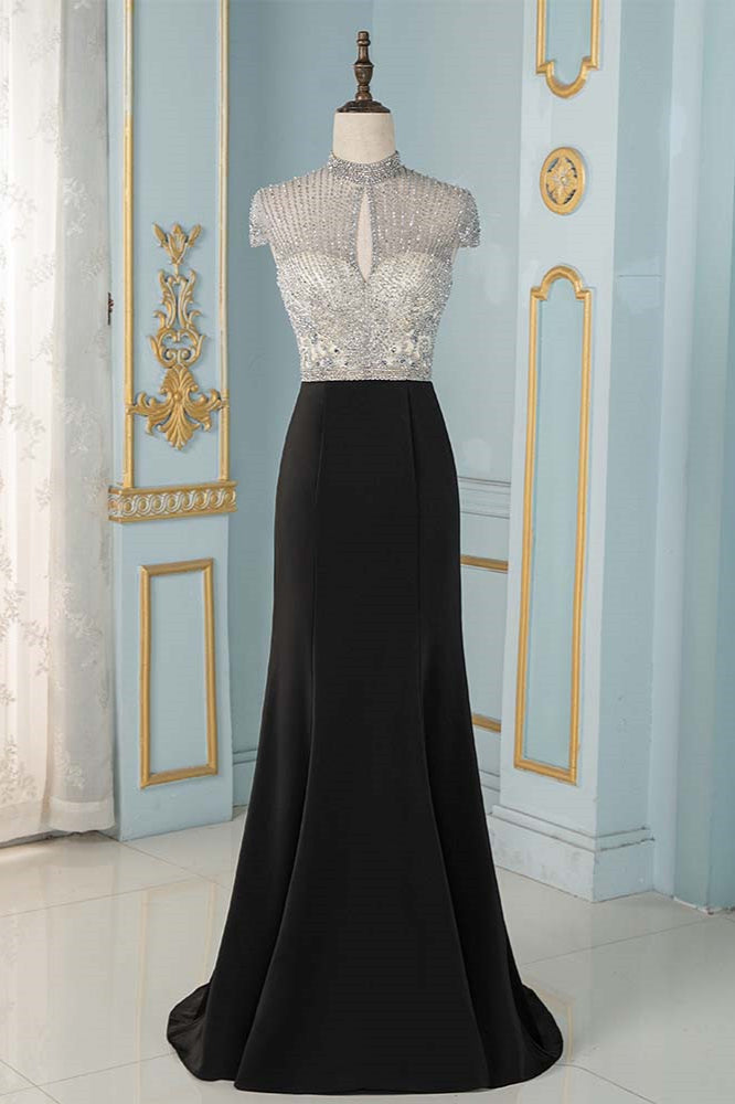 Luxury High-Neck Short-Sleeves Mermaid Prom Dresses with Beading Top - Fashionpara
