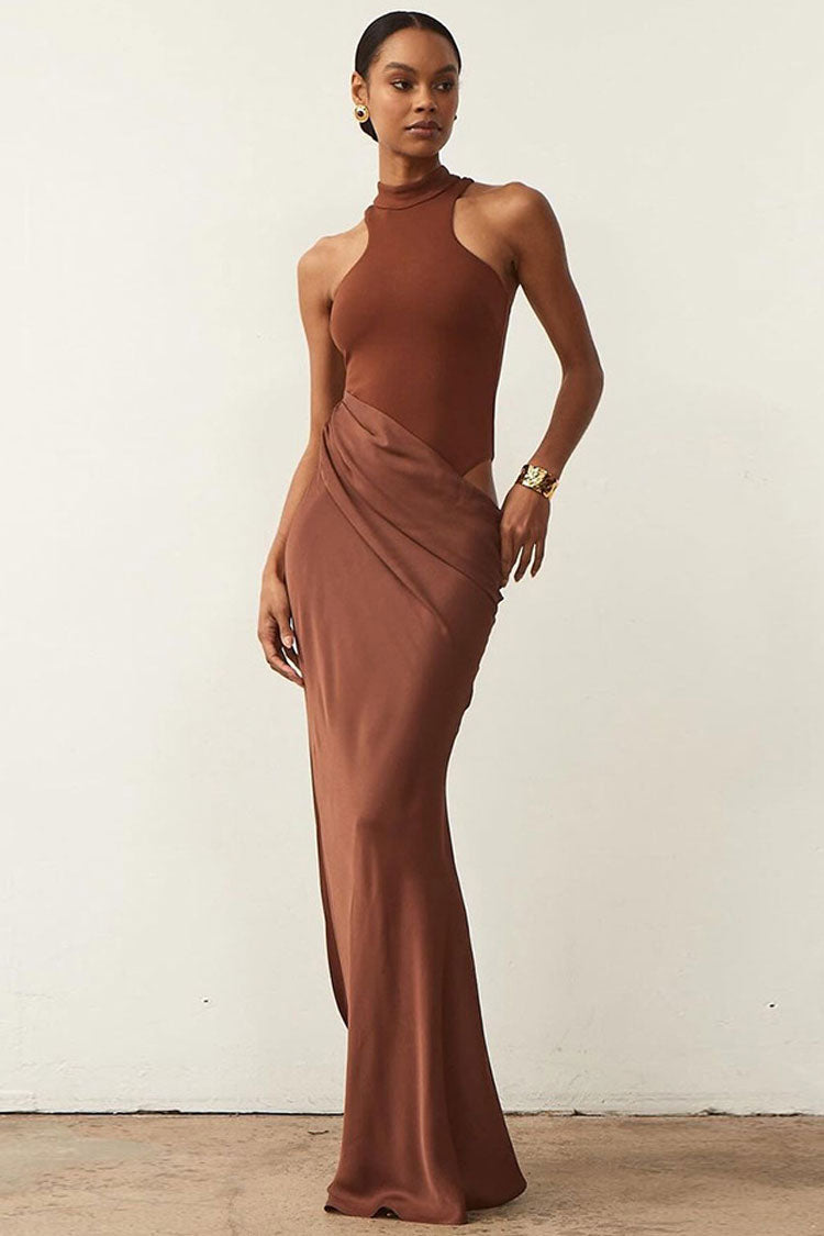 Luxury High Neck Sleeveless Cutout Draped Fishtail Evening Maxi Dress