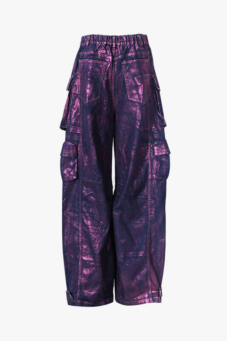 Luxury High Waist Cargo Pocket Wide Leg Metallic Coated Denim Jeans
