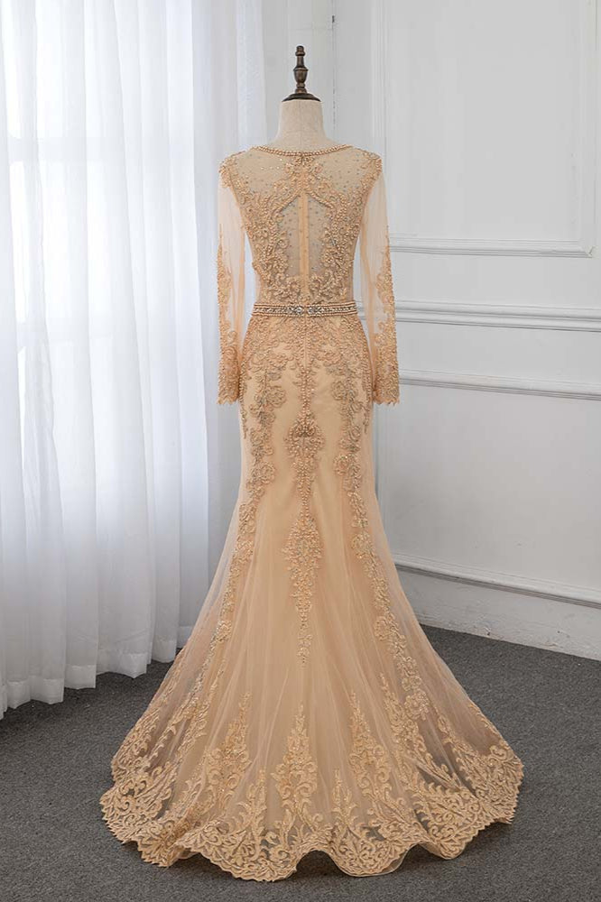 Luxury Jewel Long Sleeves Mermaid Prom Dresses with Rhinestone Appliques - Fashionpara