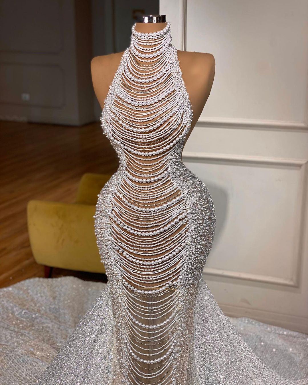 Luxurious Long Mermaid Halter Wedding Dress with Beading and Pearls - Fashionpara