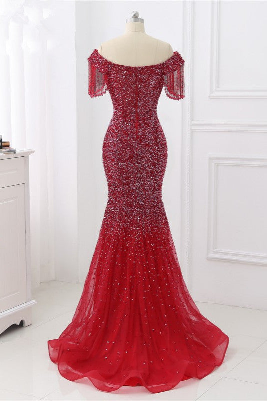 Luxury Off-the-Shoulder Sequins Burgundy Mermaid Prom Dresses with Tassels - Fashionpara
