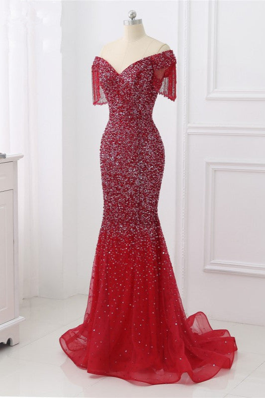Luxury Off-the-Shoulder Sequins Burgundy Mermaid Prom Dresses with Tassels - Fashionpara