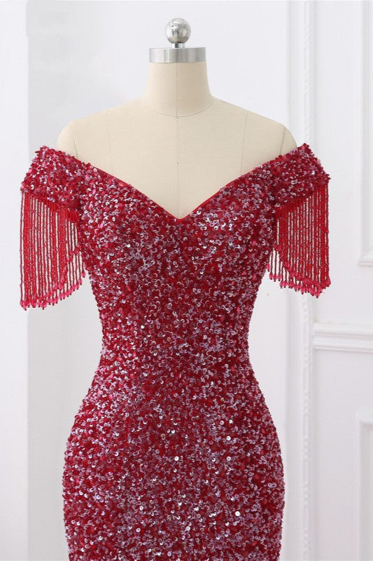 Luxury Off-the-Shoulder Sequins Burgundy Mermaid Prom Dresses with Tassels - Fashionpara