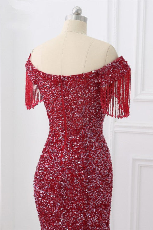 Luxury Off-the-Shoulder Sequins Burgundy Mermaid Prom Dresses with Tassels - Fashionpara