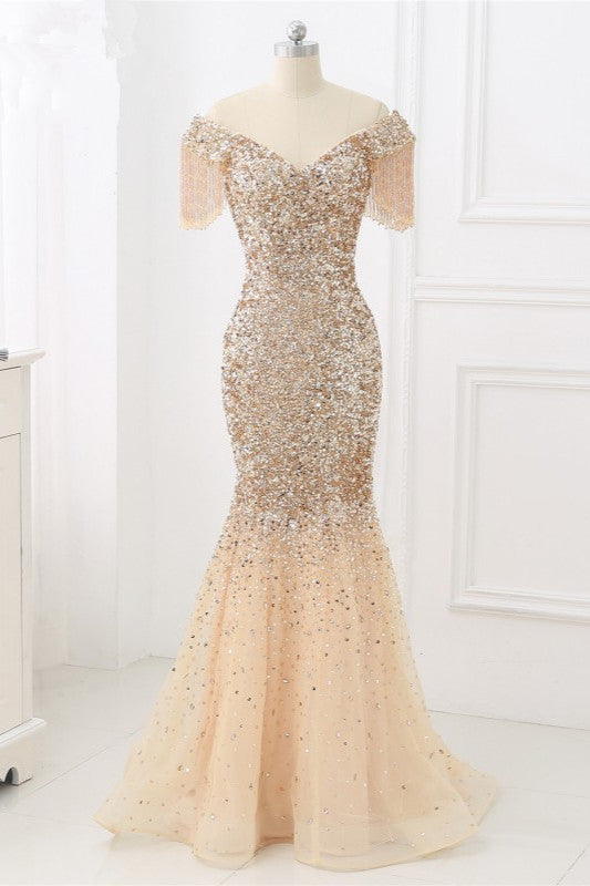 Luxury Off-the-Shoulder Sequins Burgundy Mermaid Prom Dresses with Tassels - Fashionpara