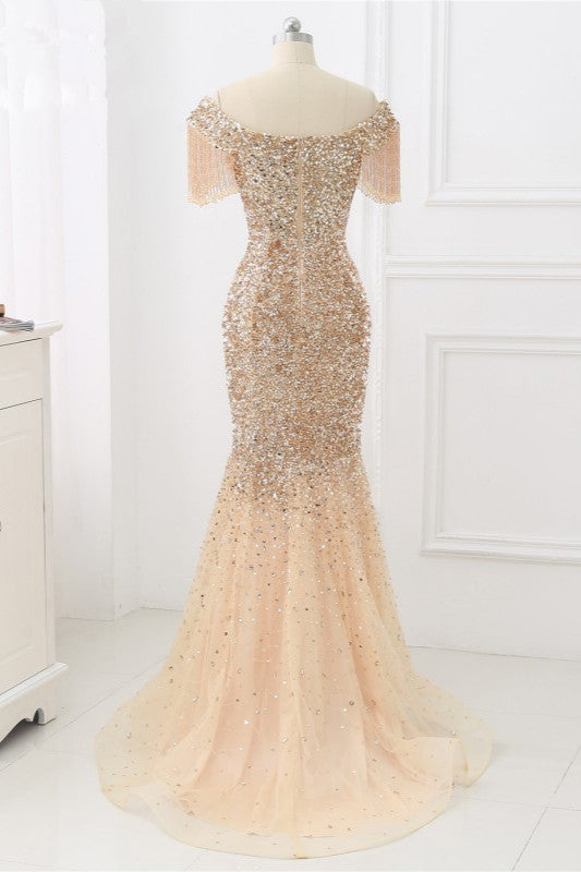 Luxury Off-the-Shoulder Sequins Burgundy Mermaid Prom Dresses with Tassels - Fashionpara