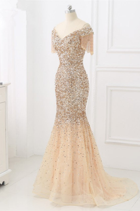 Luxury Off-the-Shoulder Sequins Burgundy Mermaid Prom Dresses with Tassels - Fashionpara