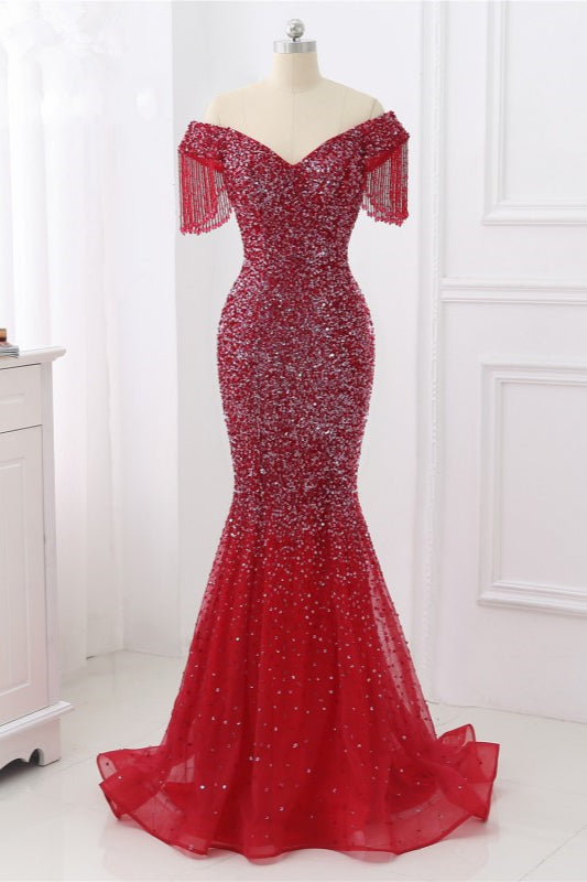 Luxury Off-the-Shoulder Sequins Burgundy Mermaid Prom Dresses with Tassels - Fashionpara