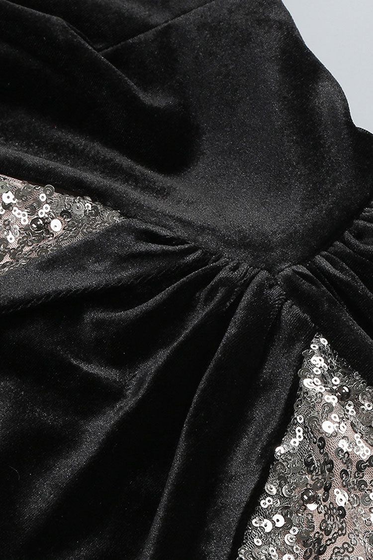 Luxury One Shoulder Draped Scarf Cutout Velvet Sequin Evening Maxi Dress