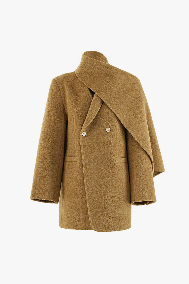 Luxury Double Breasted Wool Blend Scarf Coat for Elegance