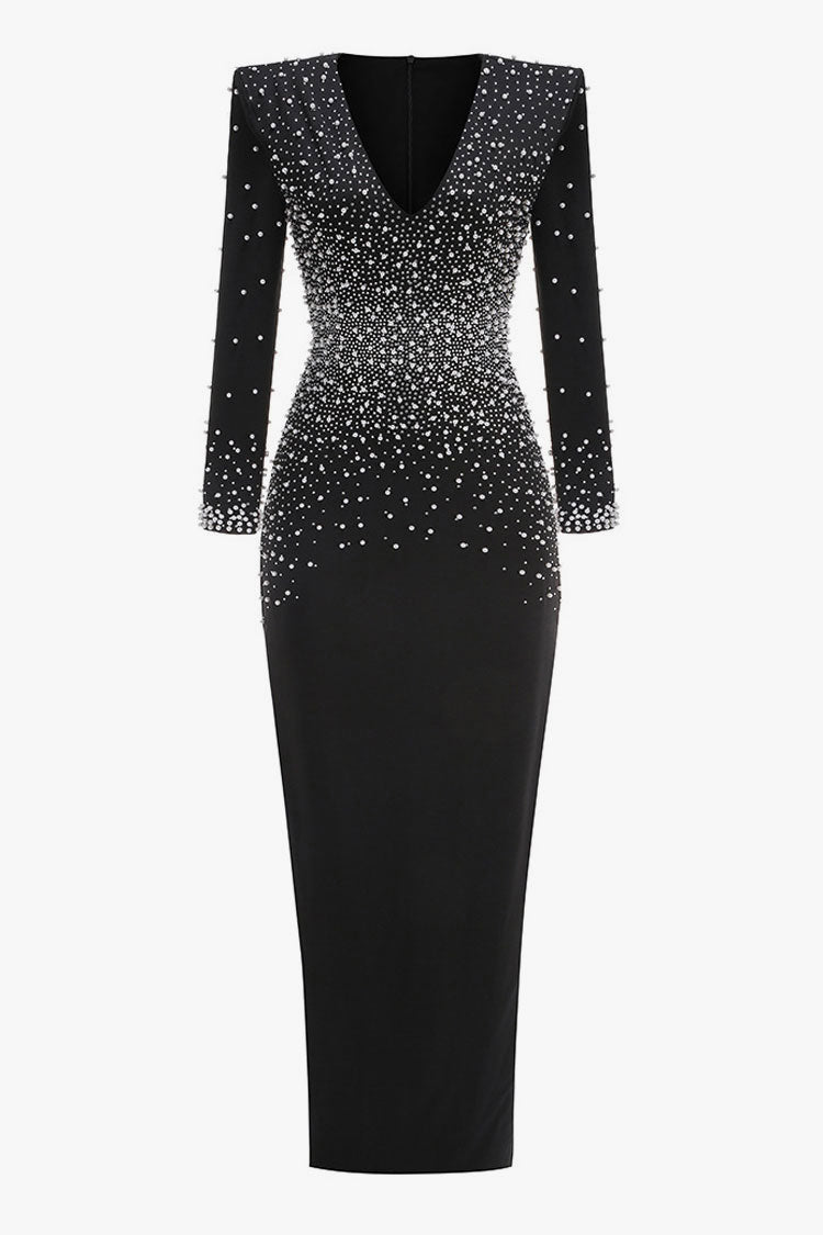 Luxury Pearl Beaded Rhinestone V Neck Long Sleeve Evening Maxi Dress