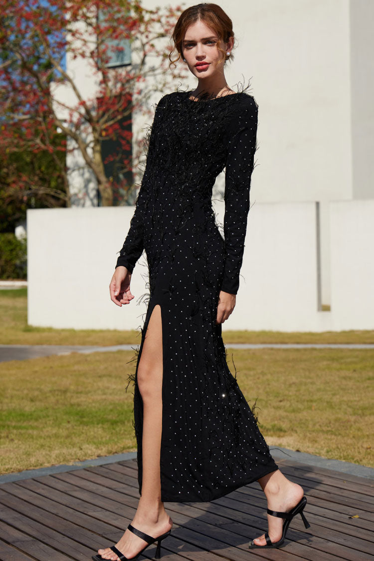 Luxury Rhinestone Faux Feather Trim Split Mesh Evening Maxi Dress - Black  Fashionpara