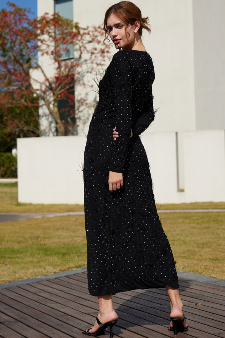 Luxury Rhinestone Faux Feather Trim Split Mesh Evening Maxi Dress - Black  Fashionpara