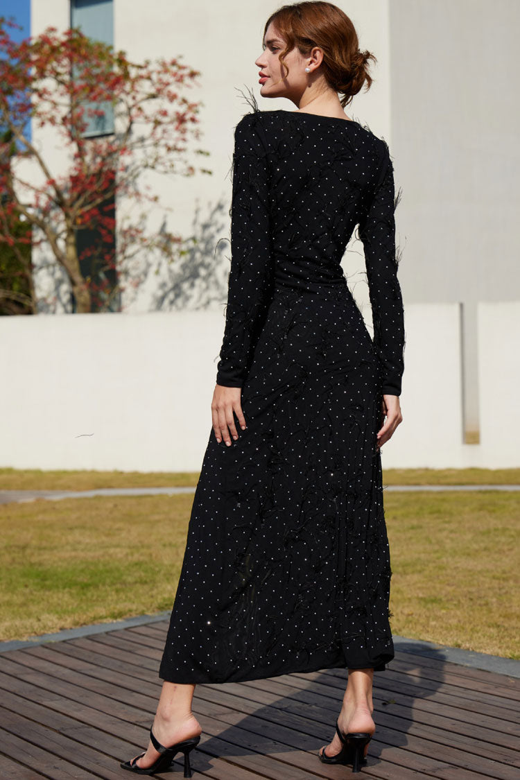 Luxury Rhinestone Faux Feather Trim Split Mesh Evening Maxi Dress - Black  Fashionpara