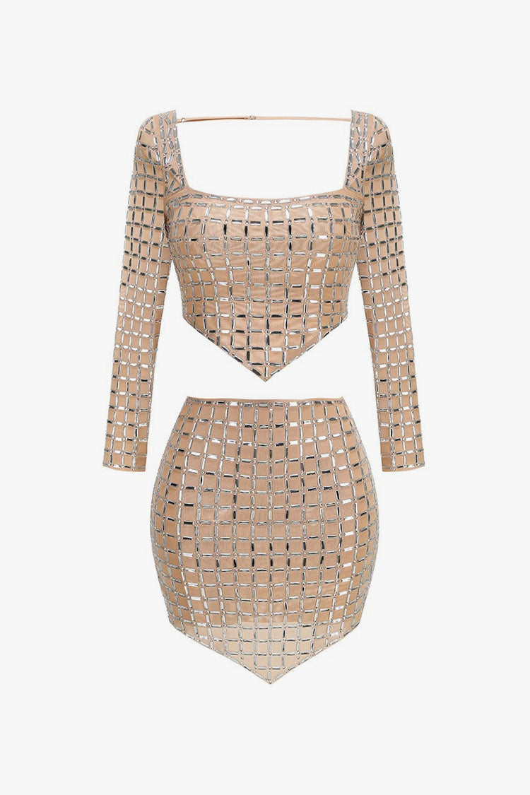 Luxury Rhinestone Mesh Crop Top Bodycon Skirt Two Piece Mini Dress