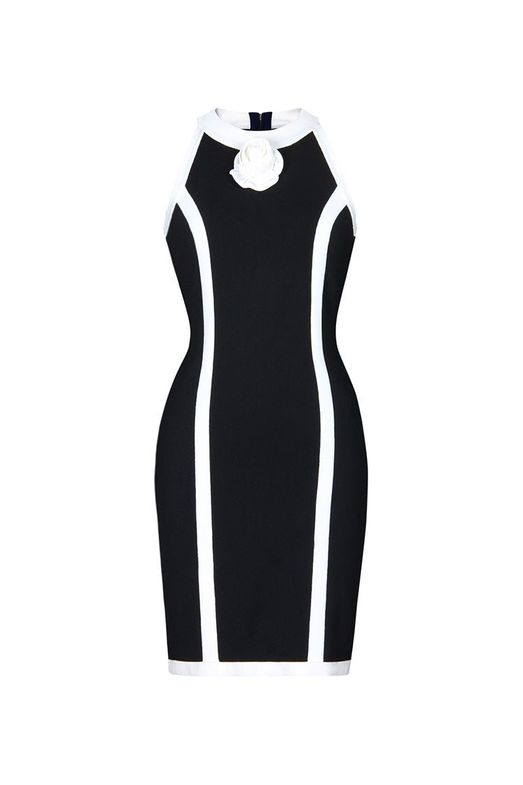 Rosedress Black and White Rosette Mini Dress for Elegance