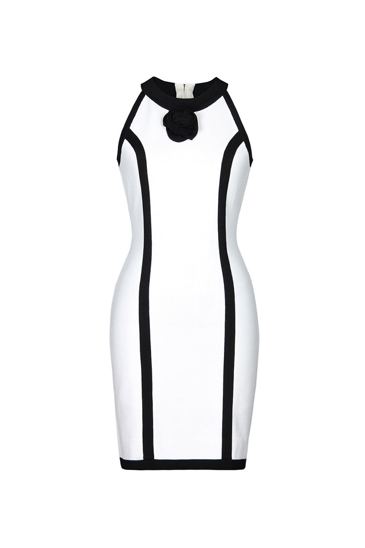 Rosedress Black and White Rosette Mini Dress for Elegance