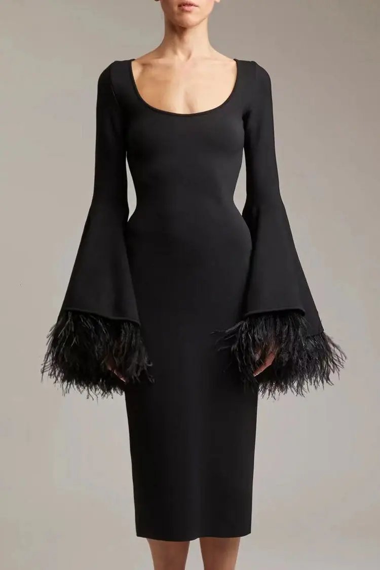 Luxury Scoop Neck Feather Cuff Long Sleeve Bandage Cocktail Midi Dress - Black  Fashionpara