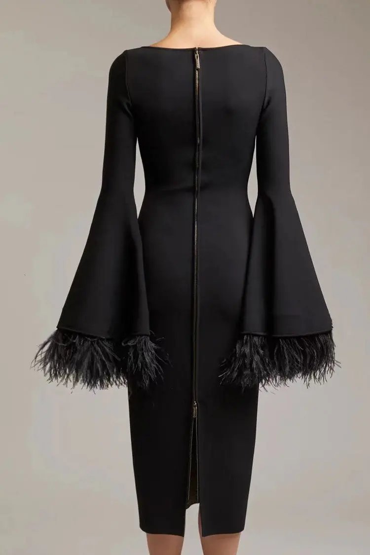 Luxury Scoop Neck Feather Cuff Long Sleeve Bandage Cocktail Midi Dress - Black  Fashionpara