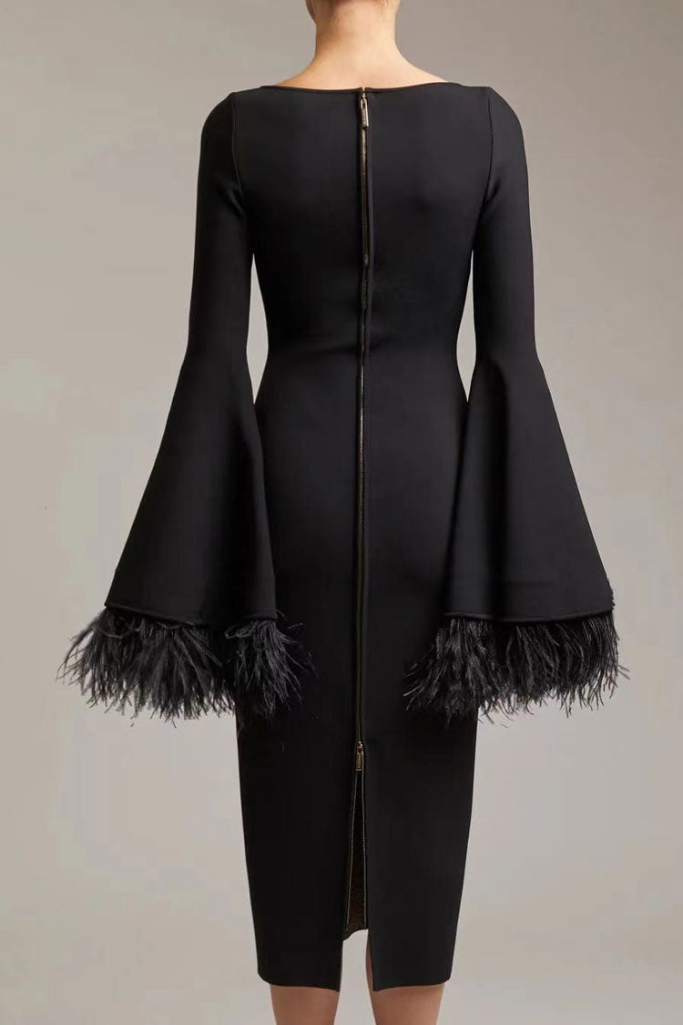 Scoop Neck Feather Cuff Long Sleeve Cocktail Midi Dress - Black - View 2
