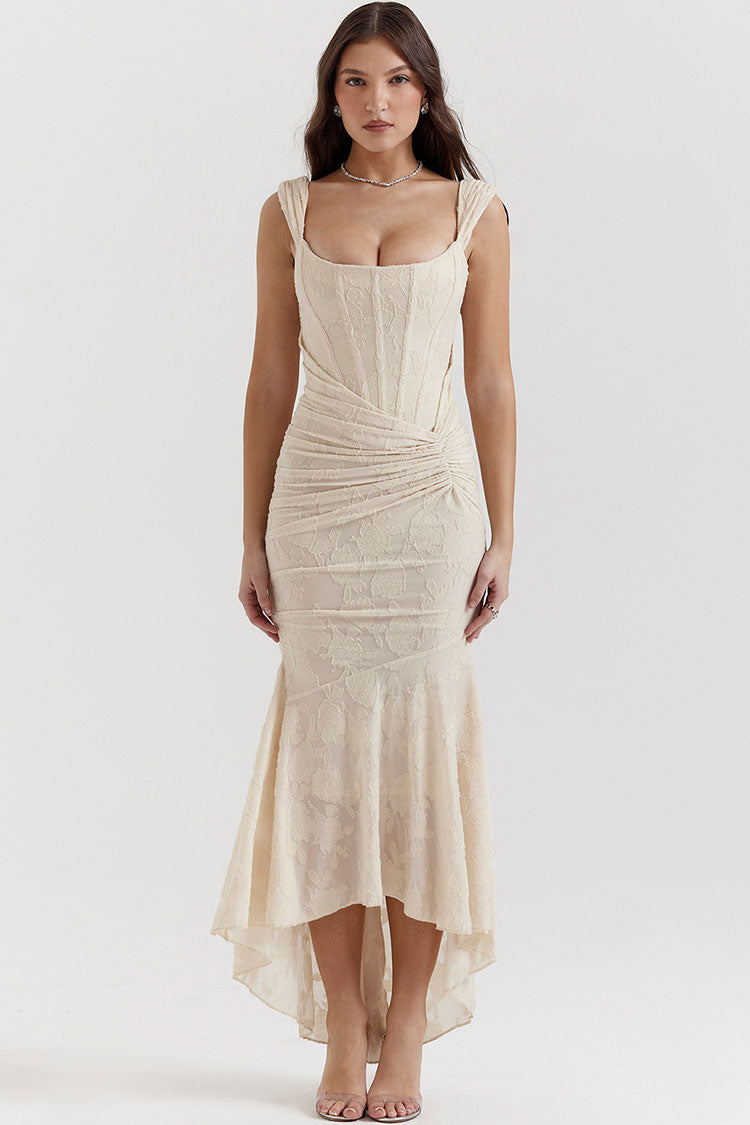 Floral Square Neck Corset Ruched Fishtail High Low Maxi Dress