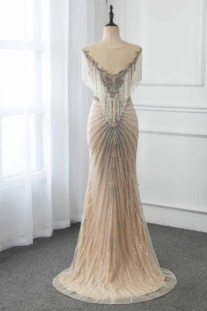 Luxury Tulle Jewel Beadings Mermaid Prom Dresses with Tassels - Fashionpara