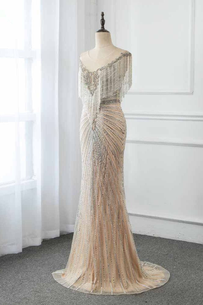 Luxury Tulle Jewel Beadings Mermaid Prom Dresses with Tassels - Fashionpara