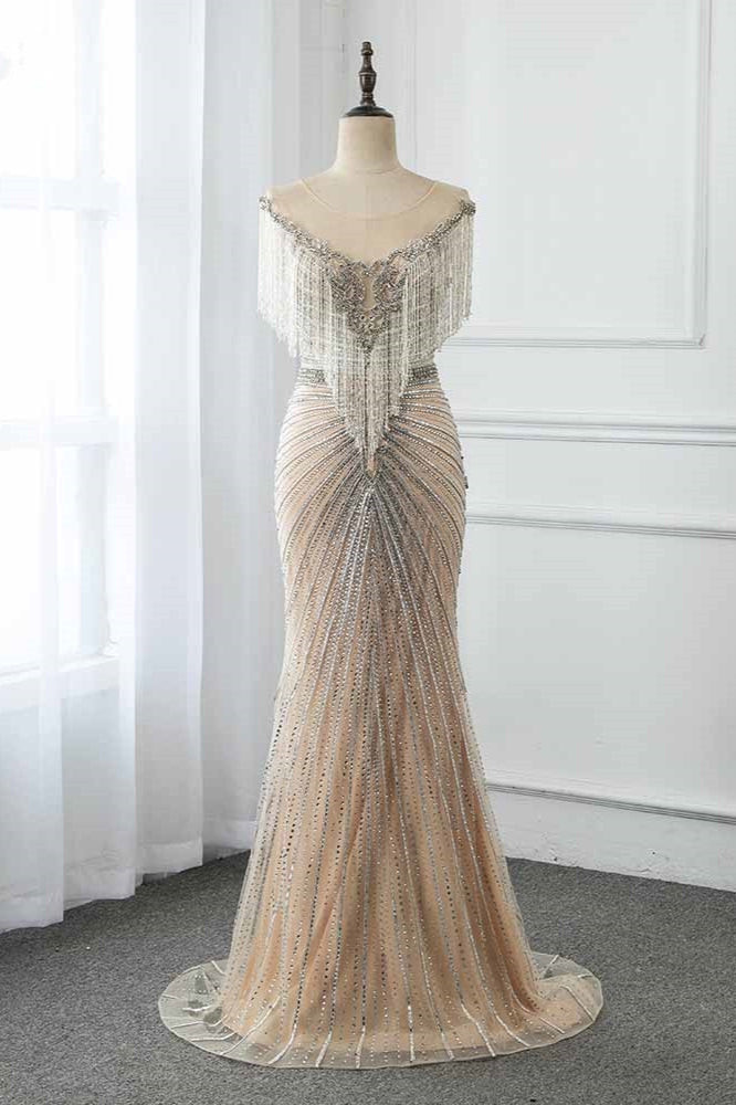 Luxury Tulle Jewel Beadings Mermaid Prom Dresses with Tassels - Fashionpara